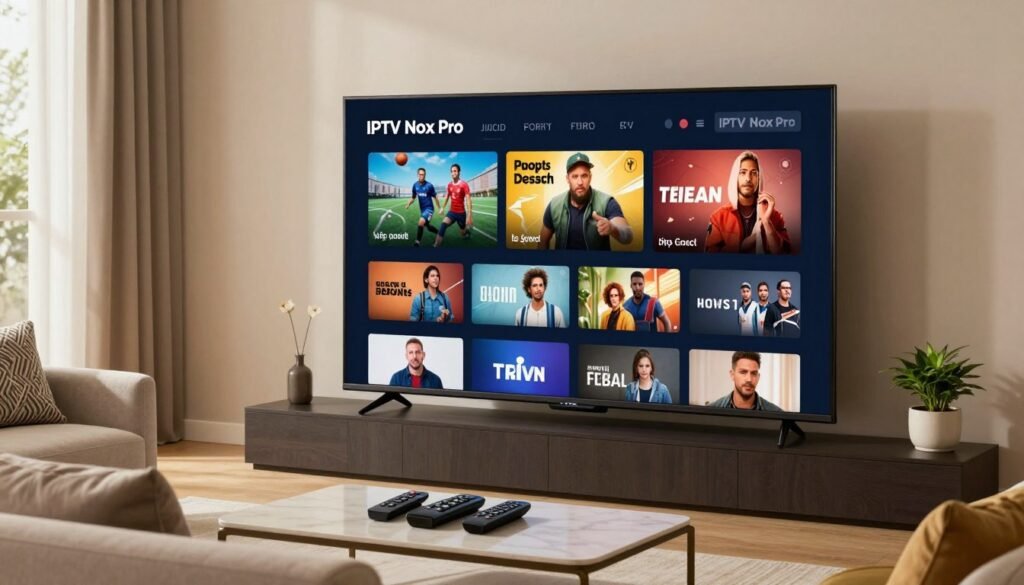 A sleek and modern living room featuring a large flat-screen Smart TV displaying the IPTV Nox Pro interface. The screen showcases various channel categories, including sports, movies, and entertainment, presented in an organized and visually appealing manner. In the foreground, a comfortable sofa adorned with decorative cushions invites relaxation. Soft, warm lighting illuminates the room, creating a cozy atmosphere, while elegant decor elements like a coffee table with remote controls and a small potted plant add a touch of sophistication. The background hints at an open window with natural light streaming in, enhancing the inviting ambiance. The entire scene conveys the luxurious experience of high-quality 4K streaming offered by IPTV Nox Pro, emphasizing accessibility across various content genres.
