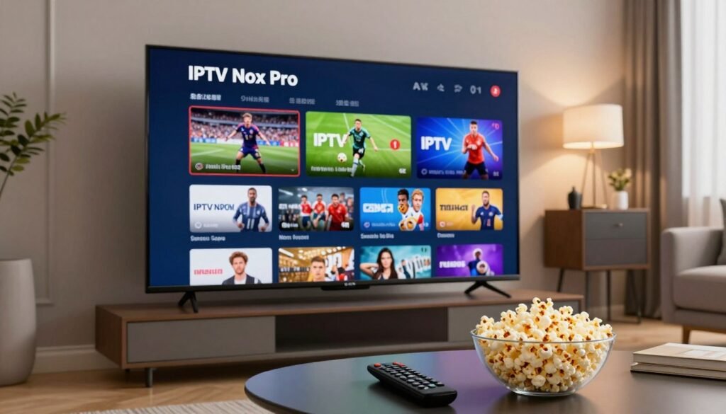 A sleek living room featuring a modern Smart TV displaying the vibrant IPTV interface of "IPTV Nox Pro." In the foreground, a stylish coffee table holds a remote control and a bowl of popcorn, indicating a cozy viewing ambiance. The middle ground showcases the television with visually diverse channel categories, highlighting sports events and movie options in rich 4K detail. The background depicts a well-lit room with contemporary decor, soft lighting creating a warm atmosphere. The focus is on the interactive screen, capturing the excitement of multi-category IPTV content accessible in France today. An inviting and engaging mood invites viewers to imagine the versatility of IPTV streaming.