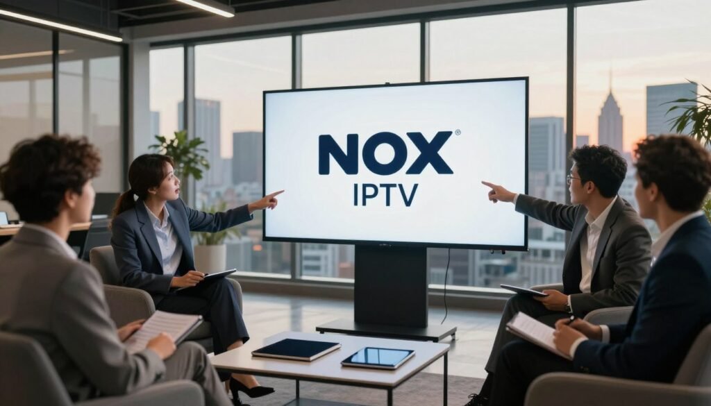 A sleek, modern workspace featuring a large digital screen displaying the Nox IPTV logo prominently. In the foreground, a diverse group of professionals dressed in smart business attire engage in a discussion, pointing towards the screen with expressions of interest and excitement. In the middle ground, a stylish coffee table is adorned with notepads and tablets, emphasizing organization and productivity. The background showcases a panoramic view of a city skyline through large glass windows, illuminated by warm, natural light that creates an inviting atmosphere. The overall mood is one of innovation and collaboration, fitting for a discussion on quality subscriptions and value in 2026.