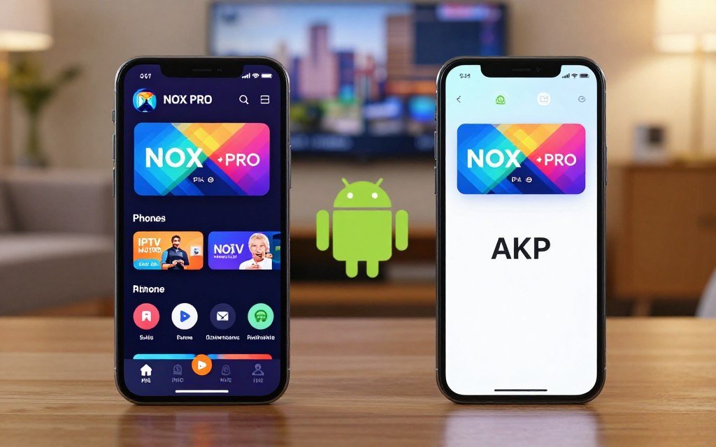 A split-screen composition depicting the compatibility of IPTV Nox PRO on both Android and iPhone devices. In the foreground, prominently display a modern iPhone with a sleek streaming interface showcasing the IPTV Nox PRO app, surrounded by vibrant colors and a lively user interface. Next to it, an Android smartphone displays the APK installation screen, featuring the same IPTV application. The middle section should feature a seamless transition between the two devices, symbolizing compatibility. In the background, use a blurred cityscape or a cozy living room setting, bathed in soft, warm lighting to create an inviting atmosphere. Capture the scene from a slightly elevated angle, enhancing the focus on the devices while maintaining a clean and professional composition.