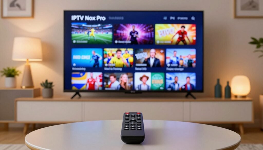 A vibrant living room showcasing a modern Smart TV displaying the IPTV Nox Pro interface. In the foreground, a sleek remote control rests on a stylish coffee table. The middle ground features the television screen illuminated, showcasing various international channels categorized into sports, movies, and documentaries with vivid thumbnails. Include elements of excitement, like sports highlights and global news. The background subtly shows a cozy atmosphere with soft lighting from table lamps and a few decorative items, creating a welcoming ambiance. Position the viewer's perspective slightly above eye level, capturing the entire scene. The overall mood should be dynamic yet relaxed, emphasizing a family or friends’ gathering as they enjoy diverse international content.