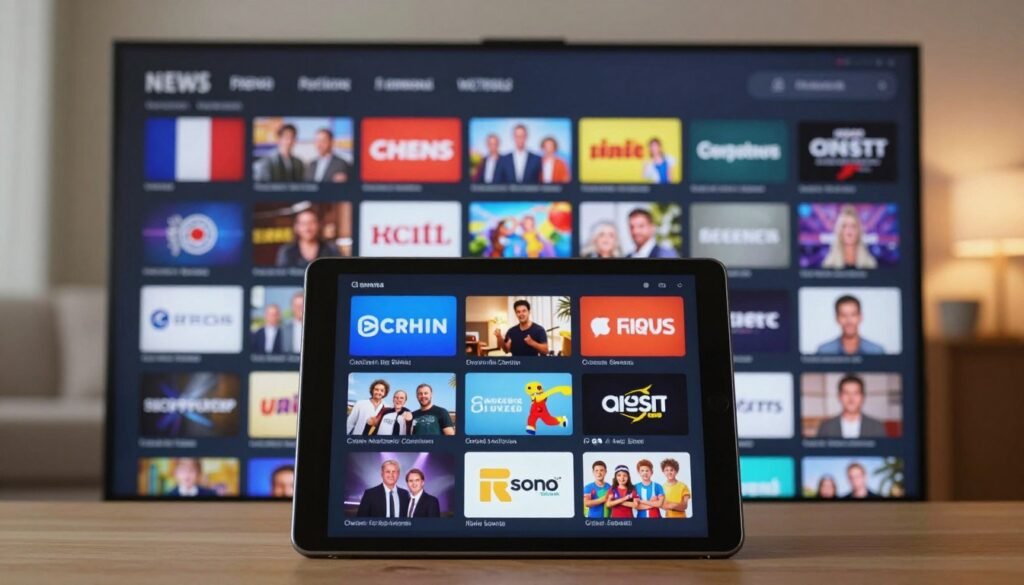 A visually captivating digital display showcasing a diverse catalogue of television channels, both French and international. In the foreground, an elegantly designed tablet or screen is displaying vibrant channel logos and thumbnails, with a mix of genres like news, entertainment, sports, and children's programming. The middle ground features a semi-transparent overlay with a grid-style arrangement that highlights the sheer volume and variety of channels available. The background should softly blur to suggest a living room setting, evoking a cozy atmosphere, with subtle lighting that gives a warm, inviting glow. Use a shallow depth of field to focus on the screen, ensuring a professional, tech-savvy ambiance, while avoiding any human subjects to maintain a clean composition.