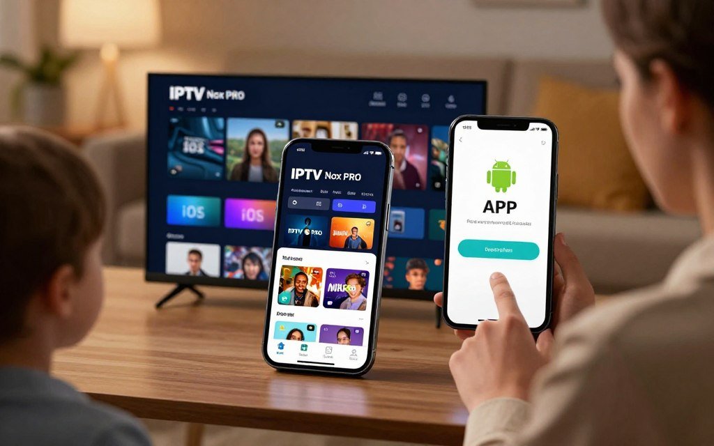 An illustrative image showcasing the IPTV Nox PRO app interface. In the foreground, prominently feature a sleek iPhone displaying the IPTV Nox PRO streaming application, highlighting its user-friendly design with vibrant channels visible on the screen. In the middle ground, include an Android device showing the APK installation screen, emphasizing compatibility for both iOS and Android platforms. The background should feature a modern, cozy living room setting, softly lit to create an inviting atmosphere for a family viewing experience. Utilize warm, ambient lighting that enhances the digital devices' screens, while capturing a slightly over-the-shoulder angle of a person, dressed in professional business attire, interacting with the apps. The overall mood should evoke a sense of connectivity and technological advancement in home entertainment for 2025.