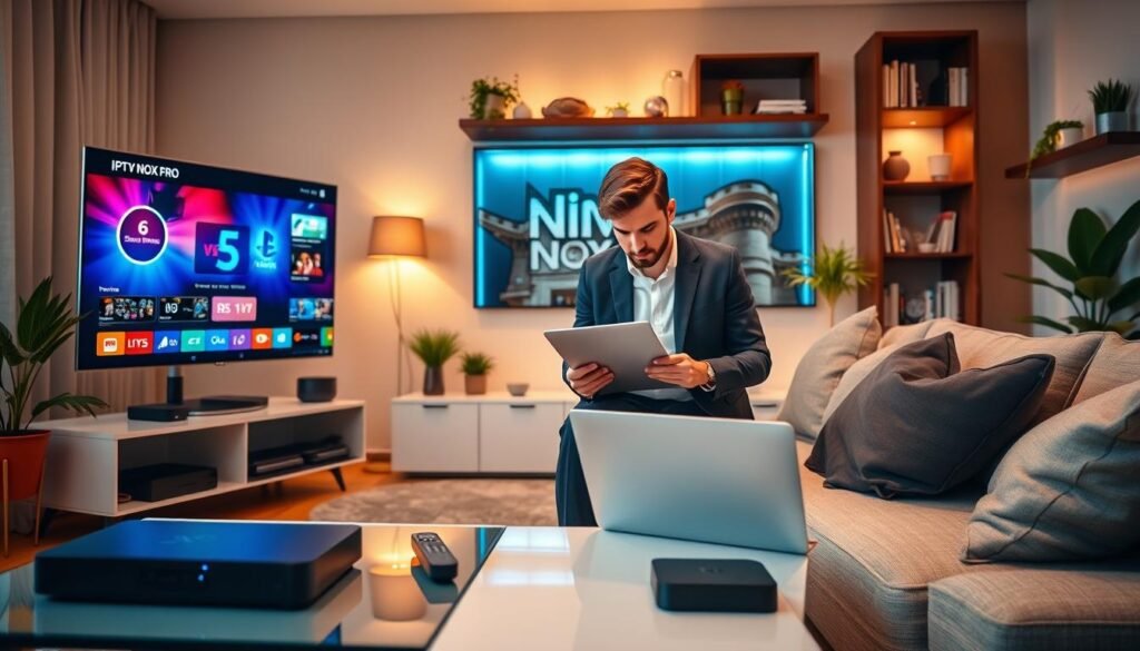 A detailed technical setup for "IPTV NOX PRO" configuration, showcasing a modern living room scene as the foreground. A sleek TV displays the IPTV NOX PRO interface with vivid colors, indicating streaming channels. Surrounding the TV, there are high-tech devices, such as a streaming box and remote control neatly arranged on a stylish coffee table. In the middle, a person in smart casual attire is intently examining a laptop, taking notes from the TV screen, immersed in the configuration process. The background features a cozy, well-lit room with soft ambient lighting, plants, and shelves with books, creating a warm, inviting atmosphere. The scene captures a mood of excitement and focus, emphasizing the accessibility and modernity of the IPTV service.