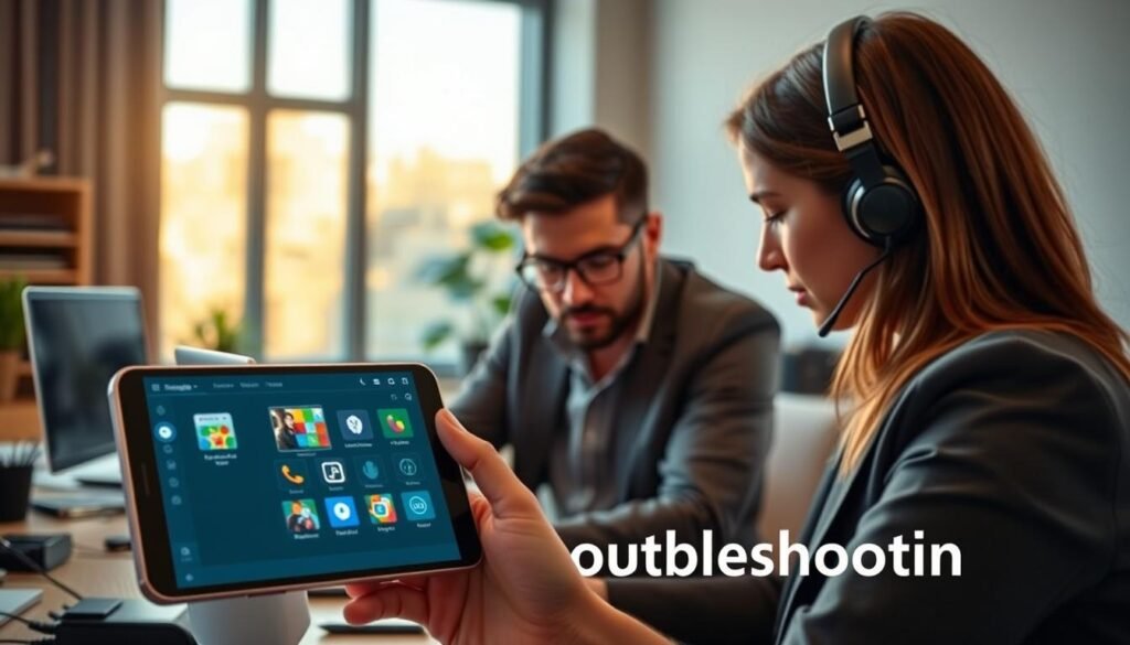 A digital support scene illustrating the "Nox IPTV Pro" application on an Android device, emphasizing common troubleshooting. In the foreground, a close-up of a sleek smartphone displaying the Nox IPTV Pro interface, with visually appealing icons and a user-friendly layout. In the middle, a focused technician – dressed in smart casual attire – attentively examines the device, surrounded by tools like a laptop and various tech gadgets. In the background, a modern workspace with soft ambient lighting, hinting at a calm and productive atmosphere. The room features a large window letting in warm sunlight, casting gentle shadows. The overall mood conveys a sense of professionalism and problem-solving, perfect for illustrating common issues faced by users.