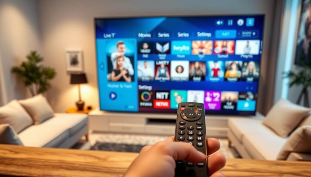 A modern IPTV user interface showcasing the Nox IPTV Pro design, set in a sleek, minimalistic style. In the foreground, display a large, vibrant screen with the Nox IPTV Pro interface, featuring various categories like Live TV, Movies, Series, and Settings, all well-organized with colorful thumbnails. In the middle ground, include a stylish remote control, slightly out of focus, suggesting interactivity. The background features a cozy living room setting with soft ambient lighting and a comfortable couch, enhancing a relaxed viewing atmosphere. Use a high-angle shot to give a clear view of the UI and the living space. The overall mood should be inviting and modern, perfect for tech-savvy viewers.