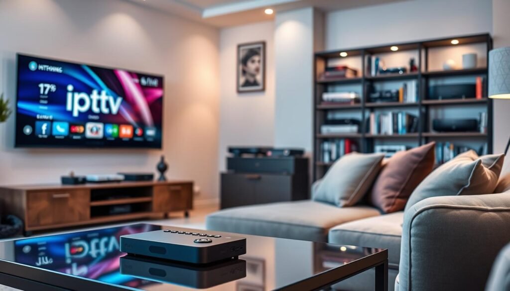 A modern living room setup focused on optimized streaming configurations features a sleek, high-definition TV displaying the "iptv fiable" interface with vibrant colors. In the foreground, an elegant coffee table holds a stylish remote and streaming device, illustrating an atmosphere of comfort and technological sophistication. The middle ground showcases a cozy couch adorned with plush cushions, inviting viewers to relax while enjoying HD and 4K content. Soft, ambient lighting creates a warm mood, highlighting the room's contemporary design. In the background, a tasteful bookshelf filled with tech books and streaming devices hints at a knowledgeable owner. The image is captured from a slightly elevated angle, providing a dynamic view of the scene while emphasizing modern technology and comfort in streaming experiences.