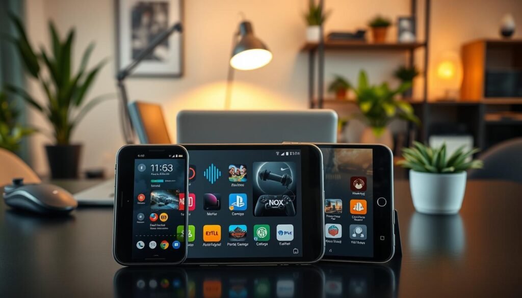A professional setting featuring a modern smartphone and tablet displaying the NOX PRO Android interface prominently in the foreground. The smartphone and tablet are sleek and polished, showcasing vibrant app icons related to gaming and multimedia. In the middle ground, a stylish desk setup includes a laptop and gaming accessories, with a subtle glow from a desk lamp enhancing the atmosphere. The background features a softly blurred home office with plants and shelves, creating a cozy yet focused ambiance. The scene is well-lit with warm lighting, highlighting the devices. The overall mood conveys efficiency and innovation, emphasizing the ease of installing apps like "iptv fiable" on Android devices.