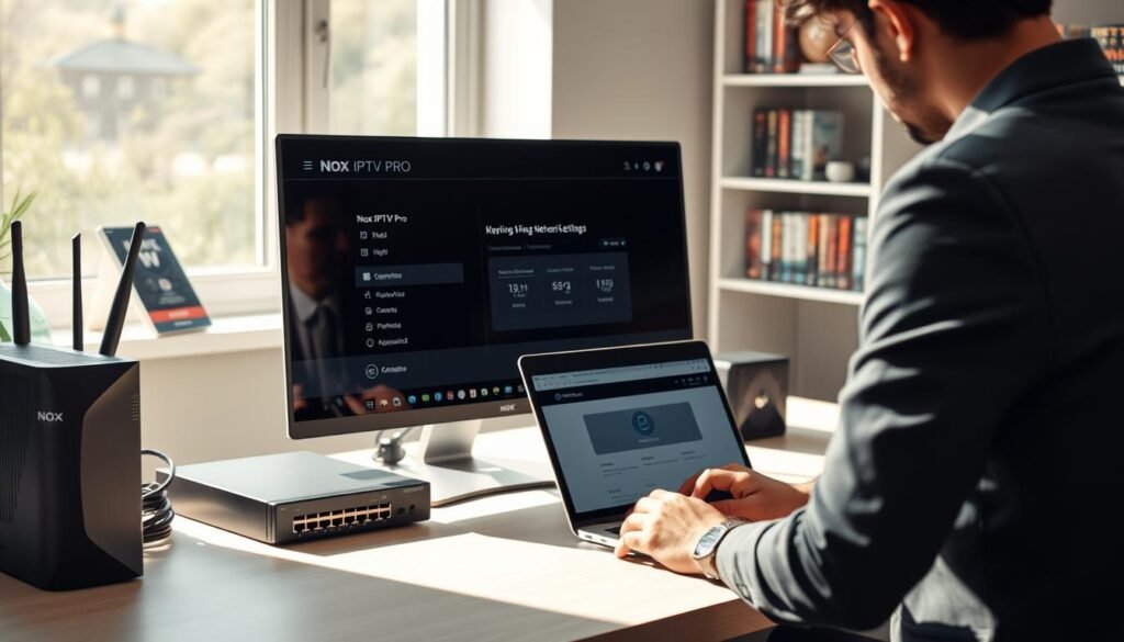 A professional workspace featuring a modern desktop with a sleek monitor displaying the Nox IPTV Pro interface, surrounded by technical devices like a router and a network switch. In the foreground, a person in smart casual attire is adjusting network settings on a laptop, focusing intently. The background reveals a softly lit room with shelves containing books on technology, creating an atmosphere of productivity and focus. Soft natural lighting from a window casts gentle shadows, enhancing depth. The overall mood is one of efficiency and clarity, illustrating the concept of optimizing internet connection for stable IPTV usage.