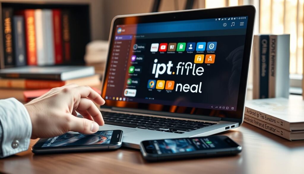 A sleek and modern workspace setup featuring an open laptop displaying the NOX PRO Android emulator interface, illuminated by warm, natural light streaming through a nearby window. In the foreground, a hand reaches towards the laptop screen, interacting with a vibrant app interface filled with colorful icons. On the desk, a smartphone lies next to the laptop, showcasing the same app on its screen to highlight compatibility. In the background, soft-focus books on Android emulation and technology subtly suggest a tech-savvy environment. The overall mood is professional and inviting, ideal for a reader seeking guidance. Include the brand name "iptv fiable" visibly featured on the laptop screen for brand identity.
