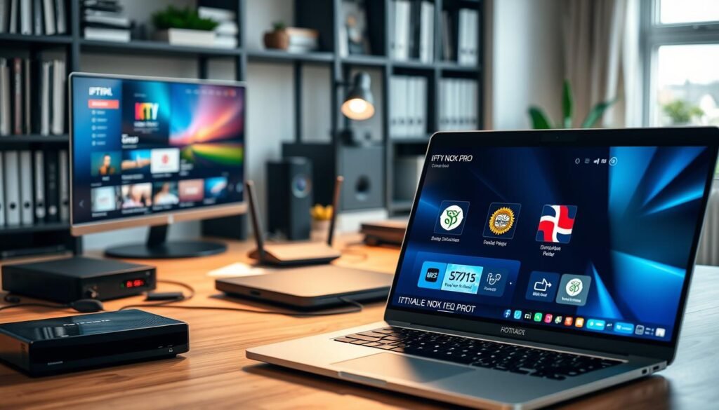 A sleek, modern home office setup showcasing a stable internet connection. In the foreground, a high-performance laptop displays the IPTV NOX PRO interface, with vibrant streaming visuals on the screen. The middle ground features a stylish desk cluttered with tech gadgets, such as a router with LED indicators, and an external hard drive. The background hints at a well-organized room with a bookshelf filled with tech manuals and a potted plant for a touch of greenery. The scene is illuminated by soft, natural light from a nearby window, creating a productive and focused atmosphere. Capture the essence of reliable internet connectivity with a professional and serene ambiance.