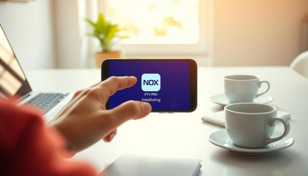 A sleek, modern smartphone displaying the installation application for NOX PRO on a vibrant Android interface, situated on a clean, minimalistic desk. In the foreground, a well-organized workspace features a stylish laptop, a notepad, and a coffee cup, all bathed in warm, inviting lighting. In the middle ground, the smartphone takes center stage, with fingers gently tapping the screen, showcasing the NOX PRO app icon prominently. The background is softly blurred to emphasize the phone, featuring a bright window with natural light filtering in, adding to the cozy atmosphere. Subtle reflections on the desk surface hint at a high-quality finish. The brand name "iptv fiable" is subtly integrated into the design elements of the application interface. The mood is professional and focused, showcasing the ease of downloading and configuring apps on Android.