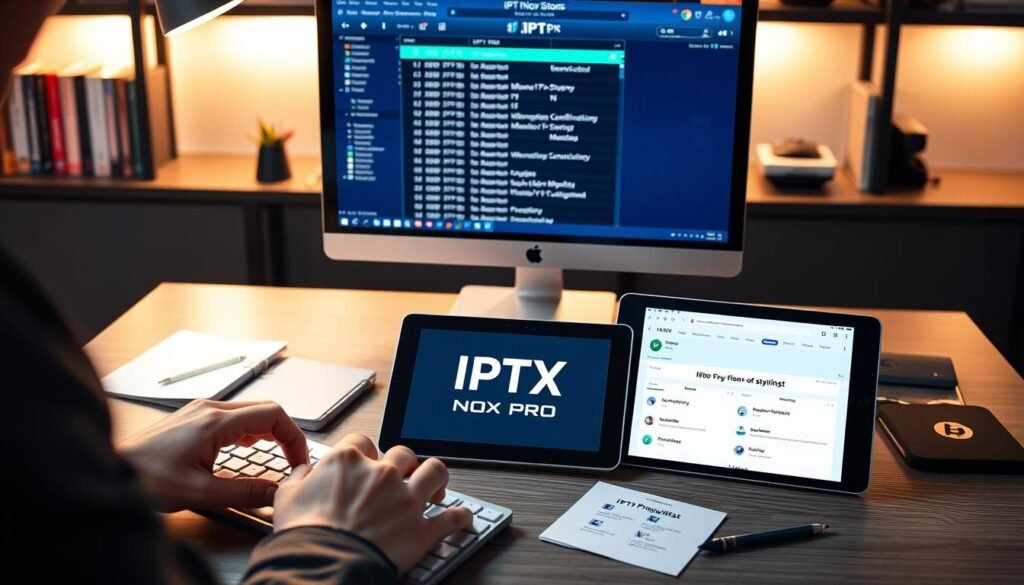 A sleek, modern workspace with a high-tech vibe, featuring a computer on a desk that displays an open, colorful M3U playlist configuration file on the screen. The foreground includes a pair of hands typing on the keyboard, dressed in smart casual attire. In the middle ground, there's a digital tablet showcasing IPTV NOX PRO's logo and user-friendly interface, with surrounding notes and tools for configuring IPTV settings. The background features a softly lit shelf with books on technology and IPTV, adding to the studying atmosphere. The lighting is warm and inviting, with subtle ambient light reflecting off the surfaces, creating a focused yet relaxed mood. Capture this scene from a slightly elevated angle to emphasize the workspace.