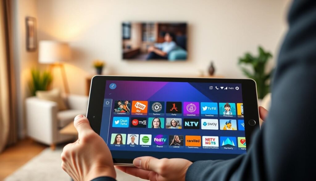 Create a detailed image of the Nox IPTV streaming application interface displayed on an Android tablet. In the foreground, show a sleek tablet held in a person's hands, wearing professional business attire. The mid-ground should showcase the vibrant, user-friendly navigation menu with colorful icons for various channels and categories. The background features a cozy living room scene with soft, ambient lighting, creating a relaxed atmosphere. Use a slightly blurred lens effect to emphasize the tablet interface as the focal point. The overall mood should convey modernity and accessibility, with a touch of sophistication suitable for a tech-savvy audience. Ensure the image is clean and free of any text, logos, or watermarks.
