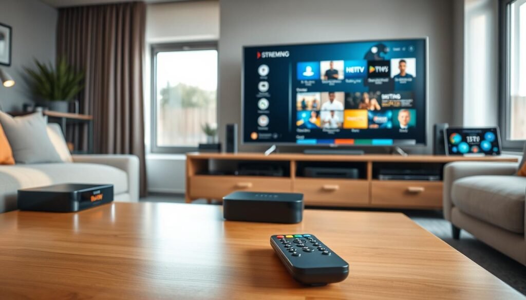 A modern living room featuring various IPTV devices like smart TVs, streaming boxes, and tablets arranged on a stylish entertainment unit. In the foreground, a sleek, well-designed remote control lies on a coffee table, hinting at user interaction. The middle ground showcases a large smart TV displaying an elegant interface of IPTV options, with vibrant streaming visuals. In the background, a bright window allows natural light to illuminate the scene, creating a warm atmosphere. The overall mood should feel contemporary and inviting, emphasizing the compatibility of IPTV across devices. The image should be captured with a soft focus to enhance the inviting ambiance while maintaining clarity on the devices and their features.