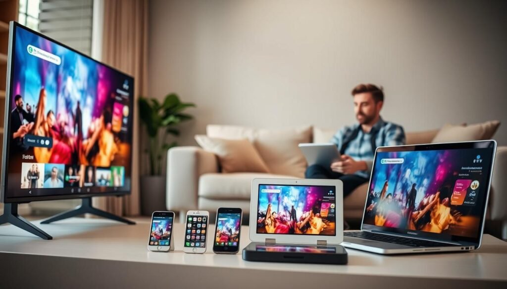 A modern living room setting showcasing compatibility with IPTV devices. In the foreground, a sleek smart TV displays vibrant streaming content. Next to it, a variety of devices, including a smartphone, tablet, and laptop, are arranged neatly, highlighting their seamless connection to the IPTV service. The middle ground features a cozy couch with a relaxing ambiance, where a professional-looking person in casual attire sits, engaged with the device. The background contains a soft glow from a window, suggesting a late afternoon, enhancing the inviting atmosphere. Soft, natural lighting accentuates the scene, with a focus on the devices and their displays. The overall mood is friendly and accessible, inviting viewers to consider the device compatibility aspect of IPTV services.