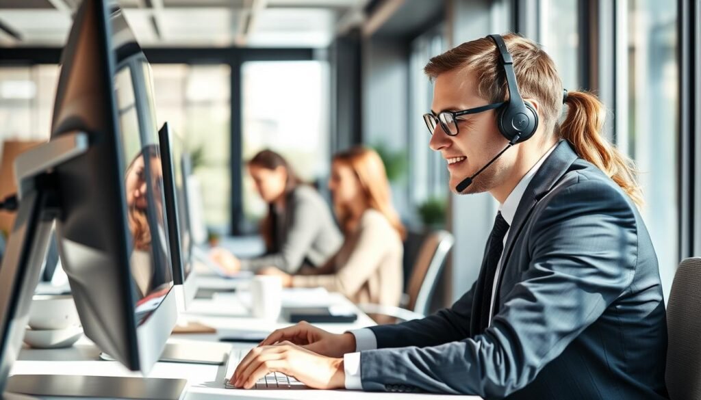 A professional customer support scene set in a modern office. In the foreground, a well-dressed support agent with a headset is attentively engaging with a client on a computer screen, showcasing empathy and attentiveness. In the middle ground, a second agent is seen assisting another client, emphasizing teamwork and responsiveness. The background features office decor with soft lighting, creating a warm and inviting atmosphere. Natural light streams through large windows, casting soft shadows. The agents are smiling and focused, reflecting a mood of professionalism and reliability. The composition should convey a sense of trust and accessibility in client support services, without any text or intrusive elements in the image.