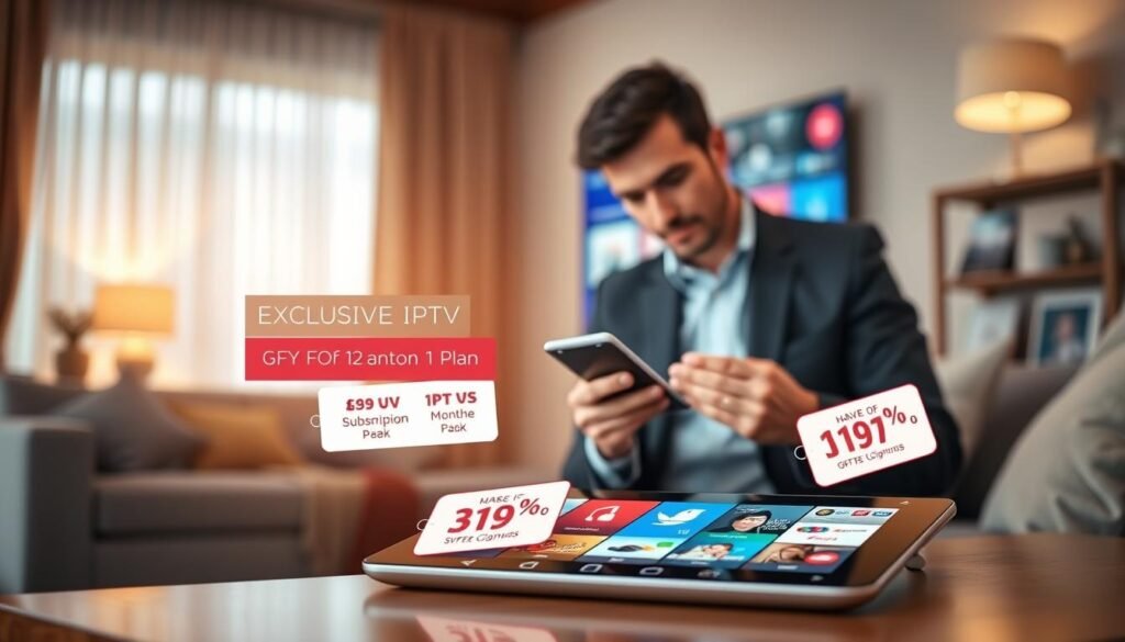 A visually appealing, modern digital art composition showcasing exclusive IPTV subscription offers for a 12-month plan. In the foreground, a sleek, minimalist tablet displays a vibrant IPTV interface with various channels. Surrounding the tablet are enticing price tags and promotional graphics highlighting discounts. In the middle ground, a professional-looking businessperson in smart casual attire is analyzing subscriptions, with a thoughtful expression as they scroll through options, representing decision-making. The background features a softly blurred living room setting with cozy lighting, emphasizing a relaxed atmosphere. Use warm, inviting colors to create a sense of trust and comfort, while soft natural light illuminates the scene, enhancing clarity and focus.